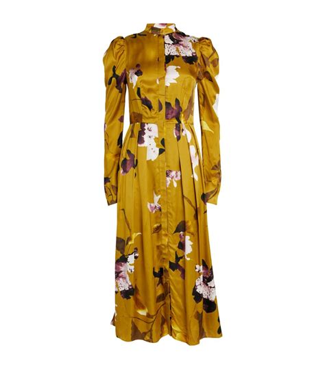 Womens ERDEM Gold Satin Floral Midi Dress Harrods UK