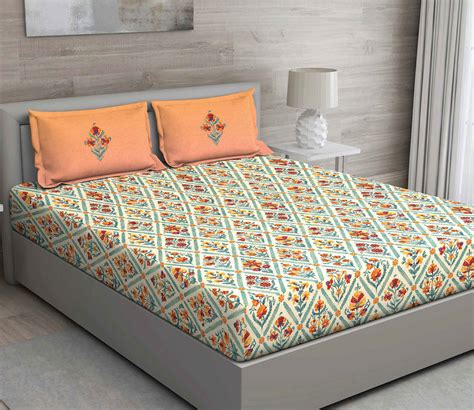 Buy 144 TC Floral Printed 100 Pure Cotton Bedsheet Double Bed With 2