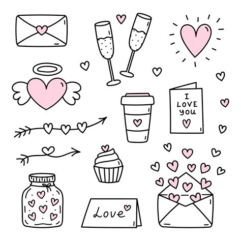 Cute Set Of Doodles For Valentines Day Glasses Of Champagne Love