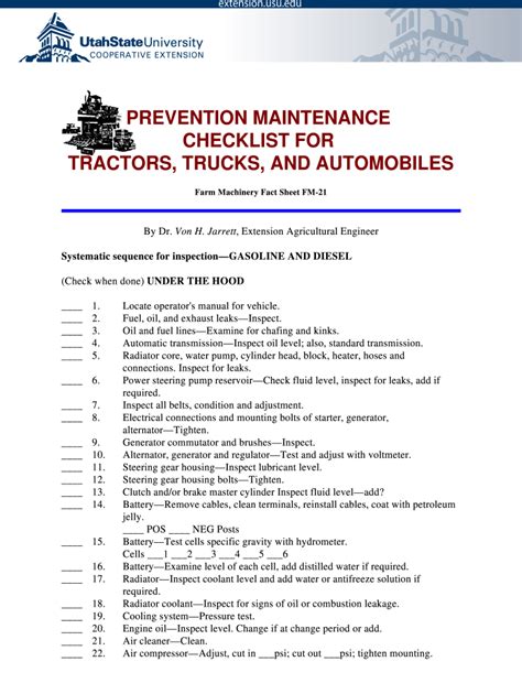 Prevention Maintenance Checklist For Tractors Trucks And Auto