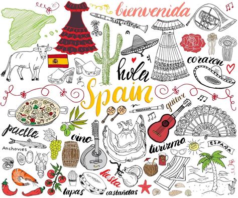 Paella Drawing Set Spanish Food Vector Art Hand Lettering