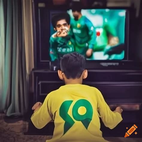 Boy Watching Cricket Match On Tv On Craiyon