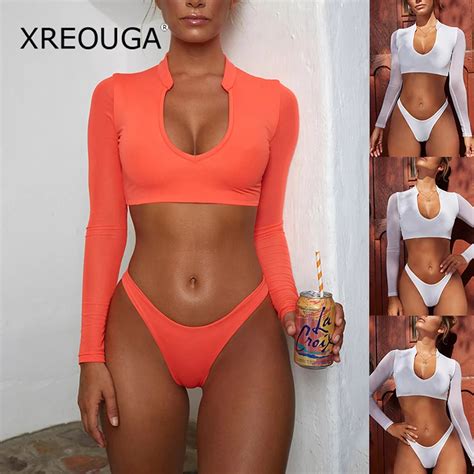 Xreouga Sexy Solid Swimwear Short Sleeve Bikini High Cut Leg Swimsuit