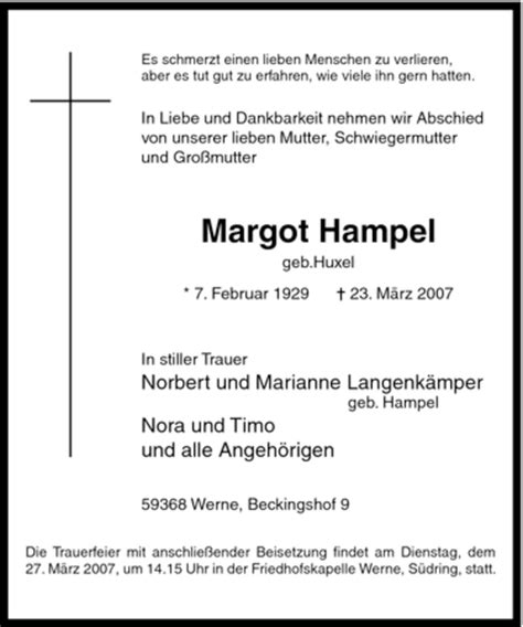 Traueranzeigen Von Margot Hampel Trauer In NRW De