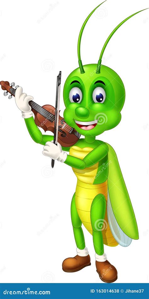 Funny Green Grasshopper With Brown Acoustic Violin Cartoon Stock Illustration Illustration Of