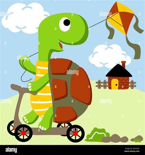 Cute Turtle Riding Scooter While Playing Kite Vector Cartoon