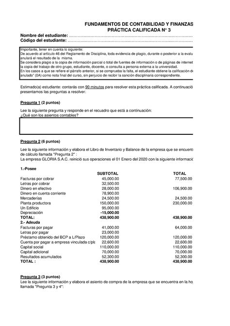 PC3 22 FUNDAMENTOS DE CONTABILIDAD Y FINANZAS SUBTOTAL TOTAL