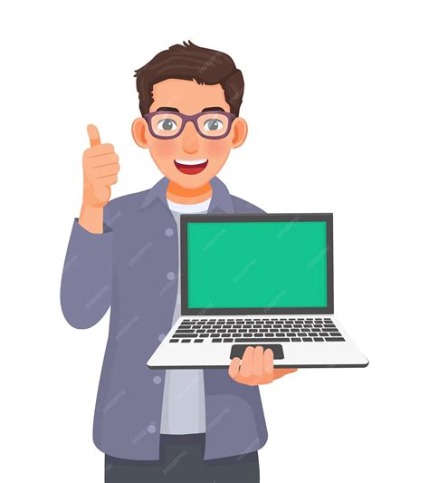 Premium Vector Young Businessman With Glasses Holding Laptop With