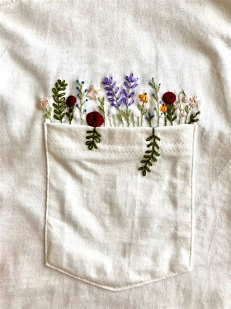 Hand Embroidered Floral White Pocket T Shirt Wildflower Etsy