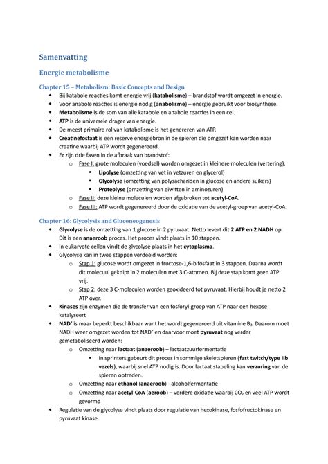 Korte Samenvattingen Metabolisme En Voeding Samenvatting Energie