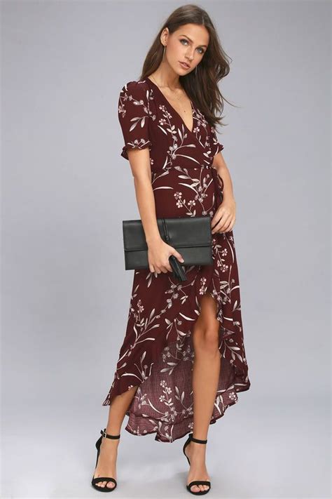 Wild Winds Burgundy Floral Print High Low Wrap Dress With Images