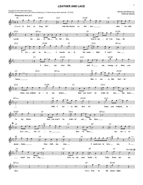 Stevie Nicks "Leather And Lace" Sheet Music Notes, Chords | Melody Line ...