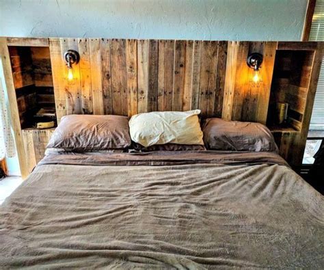 Diy Pallet Wood Headboard With Light Lamps And Storage Options 40 Pallet Headboard Ideas