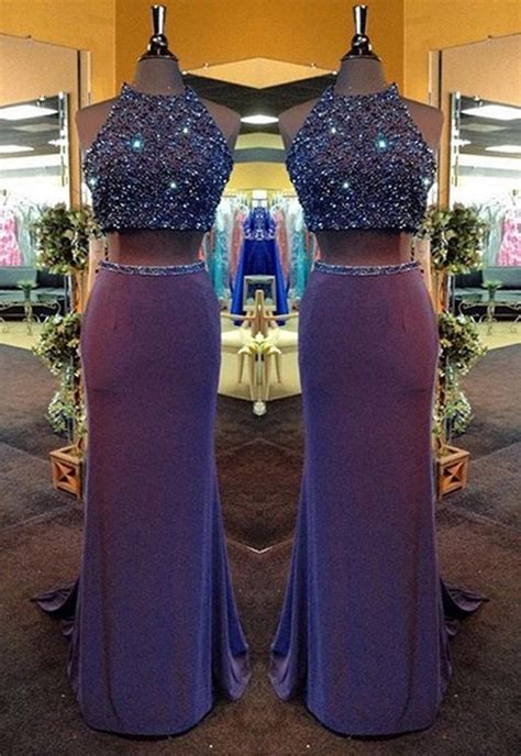 Two Piece Prom Dressespurple Evening Dresssheath Crew Neck Prom