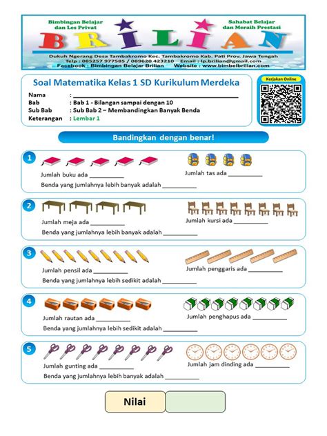 Lembar 01 Membandingkan Banyak Benda Kelas 1 Sd Pdf