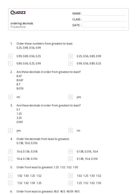 Ordering Decimals Worksheets For Th Grade On Quizizz Free