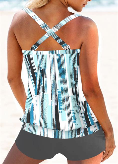 Geometric Print Criss Cross Cyan Tankini Top Rosewe Usd