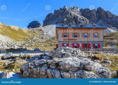 Refuge In Tre Cime National Park Dolomites Mountains Italy Stock