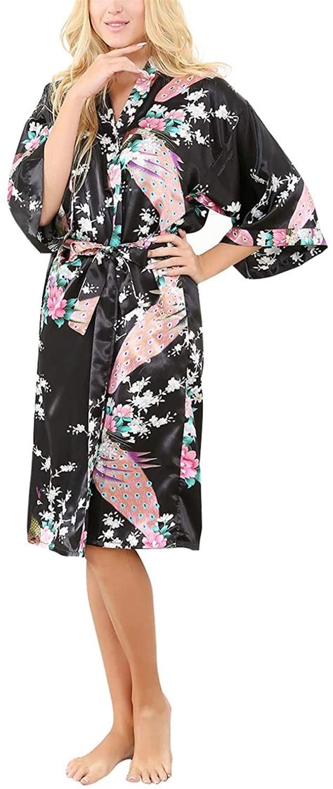 Plus Size Satin Kimono Robe For Women Full Length Silk Printed Peacock Robe Long For Wedding