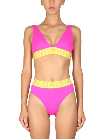 Versace Greek Monogram Triangle Bikini Top In Fuchsia Modesens