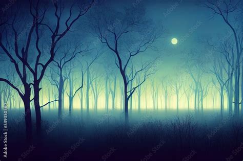 Spooky dark landscape showing silhouettes of trees in the swamp on ...