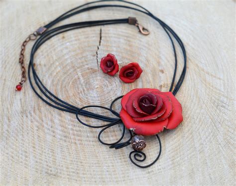 Red Rose Necklace Red Floral Necklace Red Rose Jewelry Set Etsy