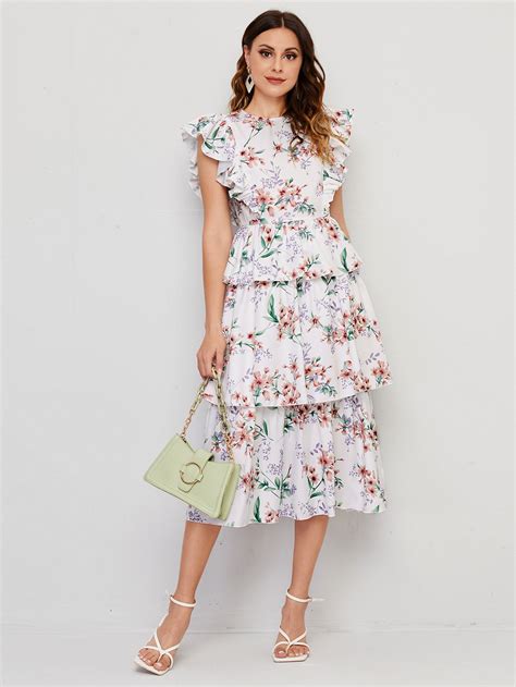 Shein Mulvari Ruffle Armhole Layered Hem Belted Floral Dress Shein Usa