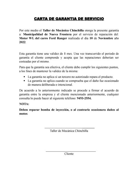 Carta DE Garantia DE Servicio CARTA DE GARANTIA DE SERVICIO Por Este