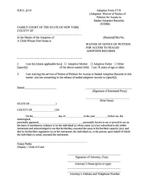 Fillable Online Courts State Ny D R L 114 Adoption Form 27 D Adoption