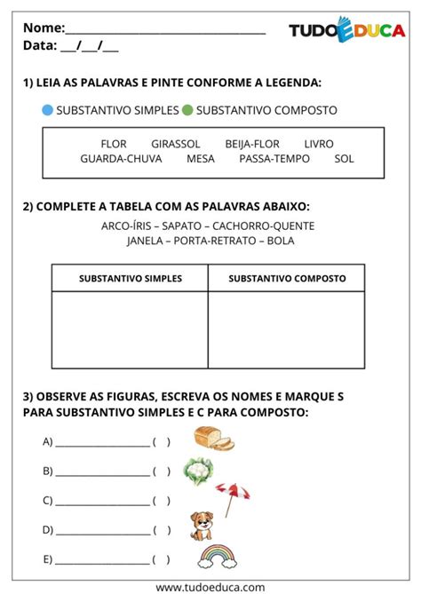 Atividade Substantivo Simples E Composto 3 Ano - 3 Atividades de Português Substantivos Simples e Compostos para 2º Ano