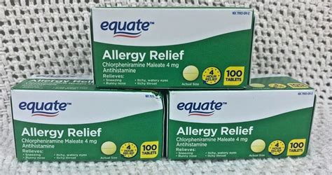 3 Bottles Equate Allergy Relief Chlorpheniramine Antihistamine 4mg 100