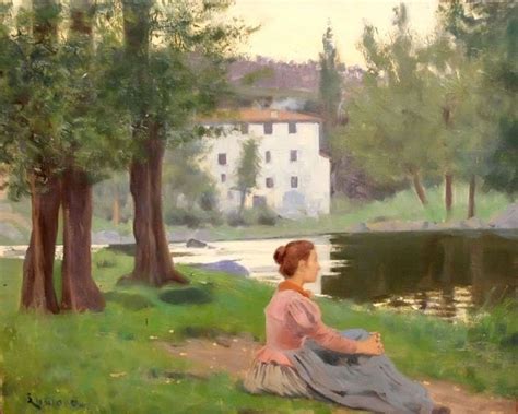 A Painting Of A Woman Sitting On The Grass By A River In Front Of A House