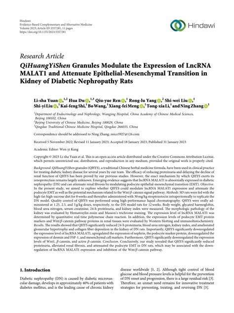 PDF QiHuangYiShen Granules Modulate The Expression Of LncRNA MALAT1