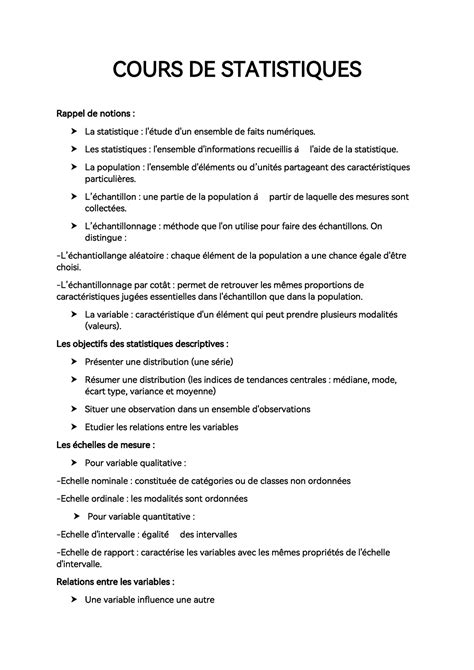 Cours Statistiques Notes COURS DE STATISTIQUES Rappel De Notions