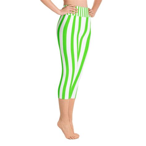 Green Striped Yoga Capri Leggings White Vertical Striped Womens