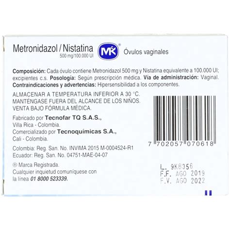 Metronidazol Nistatina 500 mg 100 000 UI Caja X 10 Óvulos MK Los