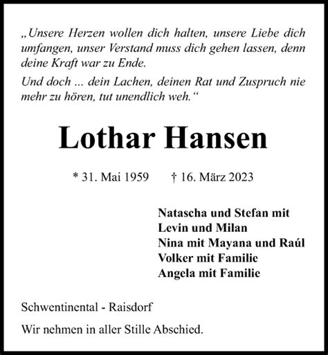 Traueranzeigen Von Lothar Hansen Trauer Anzeigen De