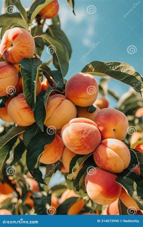 Fruits Growing On A Peach Tree Under The Sunny Sky Stock Photo Image