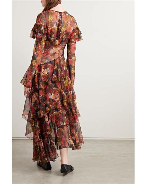 Doen Alouette Asymmetric Ruffled Floral Print Silk Georgette Midi Dress