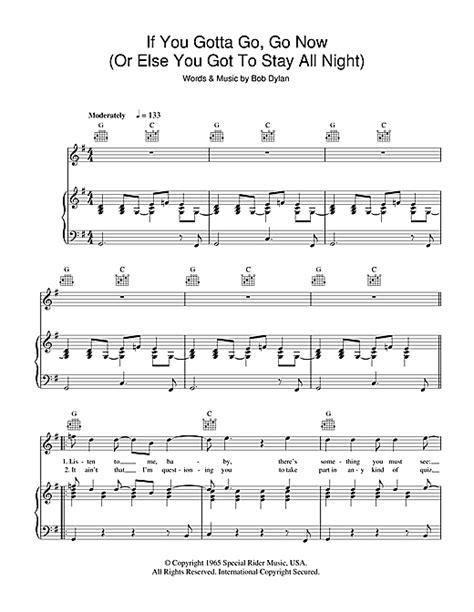 Bob Dylan If You Gotta Go Go Now Sheet Music For Piano Vocal And Guitar Download Pdf 103470