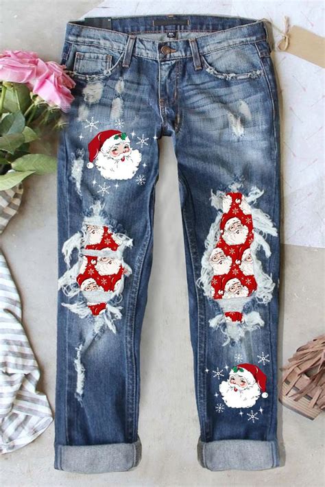 Christmas Santa Claus Abstract Casual Ripped Jeans Ripped Jeans