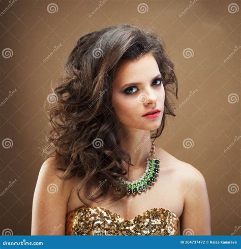 Brunette Girl With Long And Shiny Curly Hair Beautiful Model Woman