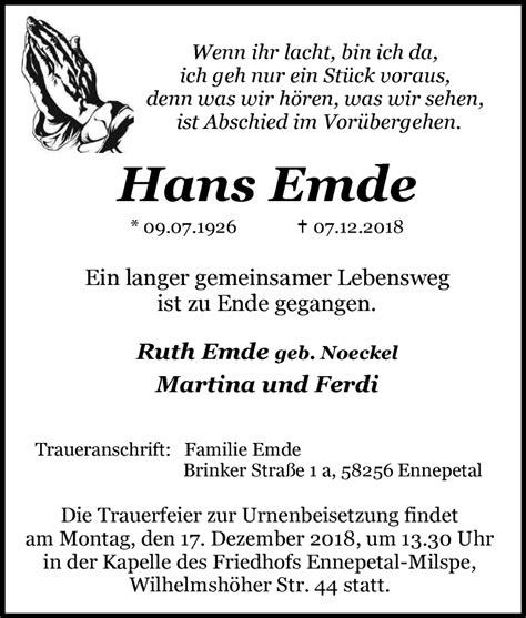 Traueranzeigen Von Hans Emde Trauer In Nrw De