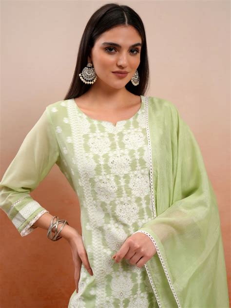 Buy Vishudh Green Embroidered Kurta With Trousers And Dupatta For Women