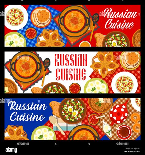 Russian Cuisine Banners With Traditional Food Dishes Of Russia Vector