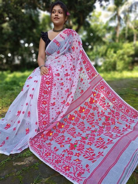 Soft Dhakai Jamdani Saree With All Over Work Bengal Handloom Jamdani