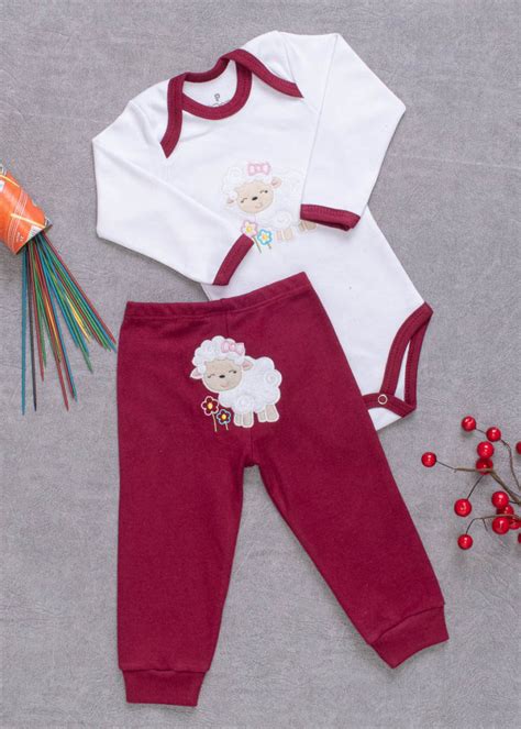 Conjunto Body Bebê Algodão Bordado Bordô Ovelhinha Ropek Moda Bebê