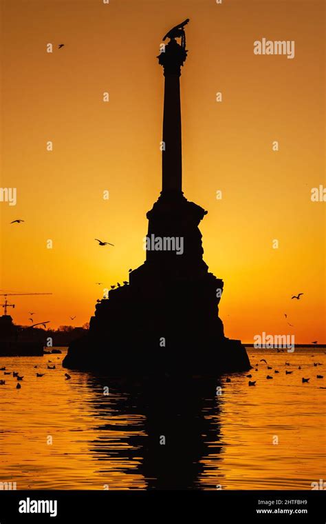 View Of Monument To Sunken Ships In Black Sea Water On Sunset