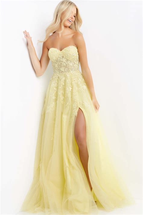 JVN05811 | Yellow Corset Bodice Sweetheart Neck Dress