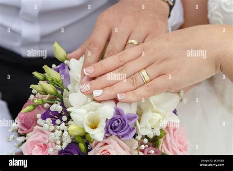 Wedding Concept Young Married Couple Holding Hands Wedding Rings And